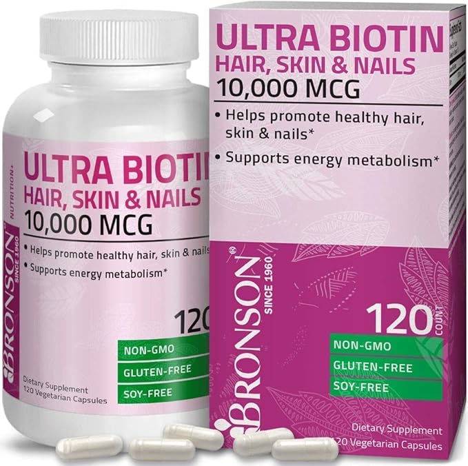 Bronson Marine Collagen Peptides Hydrolyzed Protein Powder + Ultra Biotin 10000 Mcg Hair Skin and Nails Supplement