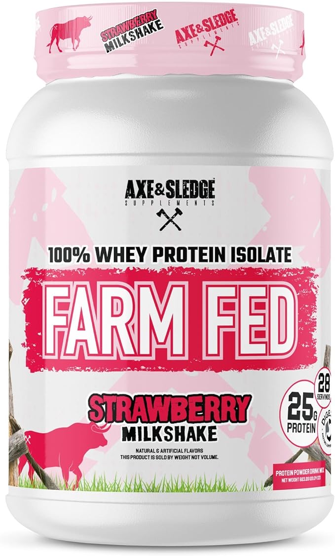 Axe &amp Sledge Farm Fed 100% Whey Protein Isolate | 25g Protein | Low Carb Low Sugar Gluten Free | Protein Powder for Men and Women | Keto | Made in the USA | 28 Servings Strawberry Milkshake