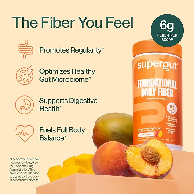 Supergut Foundational Daily Fiber Powder Sugar Free &amp Vegan Prebiotic Fiber Blend for Gut Health &amp Digestive Support Supplement for Men &amp Women with Solnul &amp Sunfiber Peach Mango 1