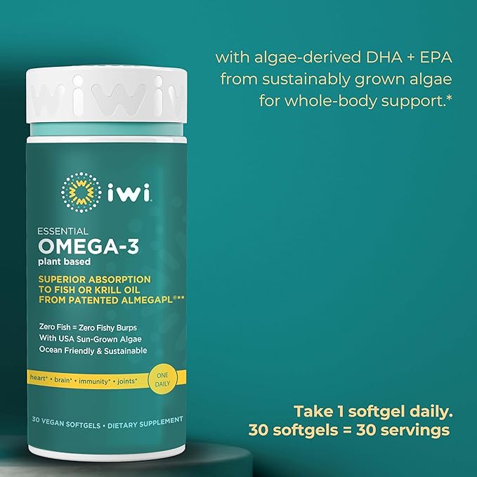 Iwi Omega-3 Essential &amp Brain Omega-3 Bundle 30 Servings Vegan Plant-Based Algae Omega 3 with EPA + DHA Krill &amp Fish Oil Alternative No Fishy Aftertaste