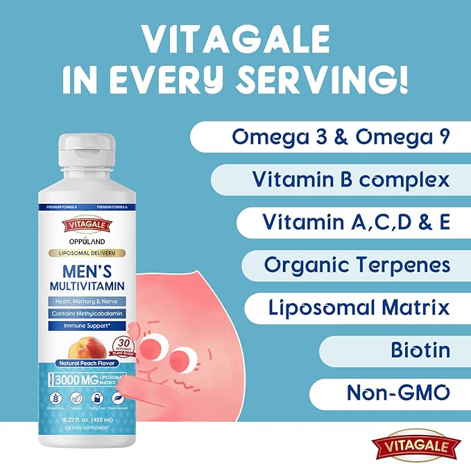 Men's Multivitamin - Liquid Supplement - Liposomal Delivery - Daily Multi Vitamin with Biotin B Complex Omega-3 - Hair &amp Nail Support Vitamin - Peach Flavor - 3000 mg per Serving - 450 mL