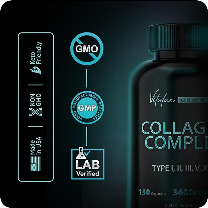 Collagen for Women &amp Men - Vital Nutrition - Hydrolyzed Collagen Peptides - Multi Collagen Capsules Keto Friendly Healthy for Skin Nails Bones &amp Joints NonGMO- Type IIIIII V X - 300 C