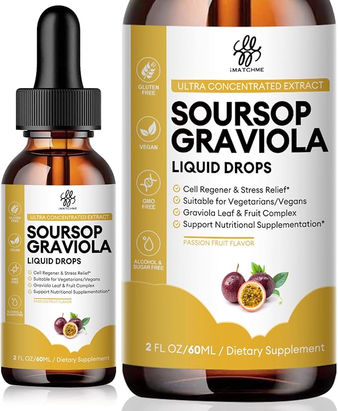 iMATCHME Premium Soursop Graviola for Digestion Support Healthy Skin &amp Sleep Soursop Extract Liquid Drop from Graviola Leaf and Fruit Sugar/Caffeine/Gluten Free Passion Fruit Flavor 2 Fl Oz