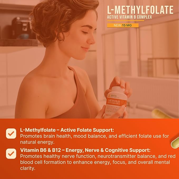INVITA L-Methylfolate 15mg + Active Vitamin B Complex – 60 Capsules - 5-MTHF Supplement with Vitamin B6 &amp B12 Methylcobalamin for Mood Energy and Heart – Non-GMO Gluten Free 2-Month Supply