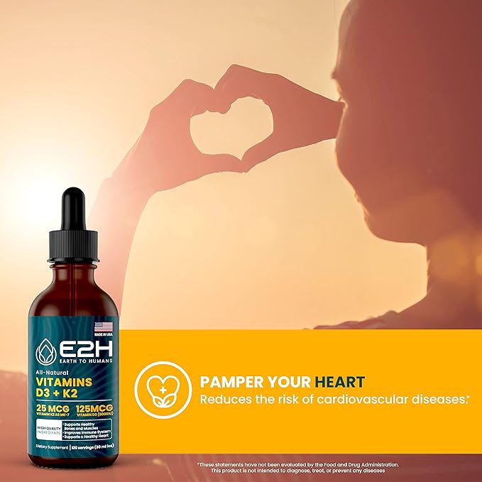 E2H Vitamins D3 &amp K2 Supplement for Immune Support - Liquid Vitamin D3 5000 IU - Made in The USA - Non-GMO Vegan - 120 Servings