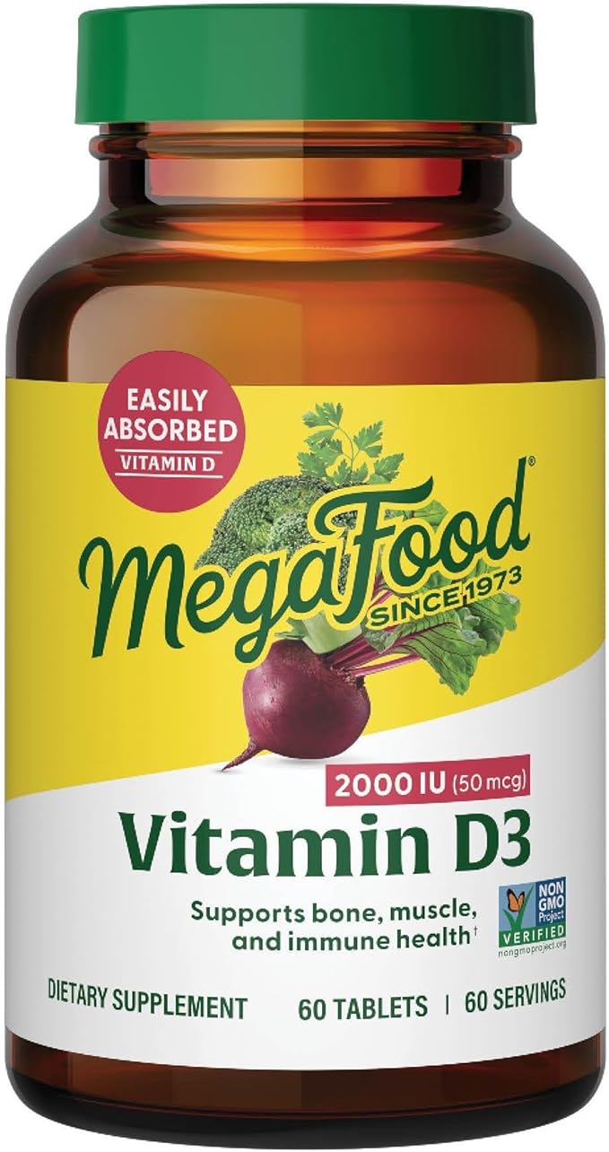 MegaFood Vitamin D3 2000 IU (50 mcg) - Vitamin D Supplements with Real Food Immune Support Supports Bones Teeth &amp Muscles Vegetarian Certified Non-GMO Kosher – 60 Tablets 60 Servings