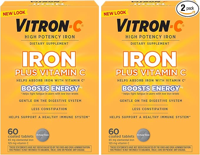 Vitron-C Iron Supplement Once Daily High Potency Iron Plus Vitamin C Support Red Blood Cell Production Dye Free Tablets 60 Count 2 Pack