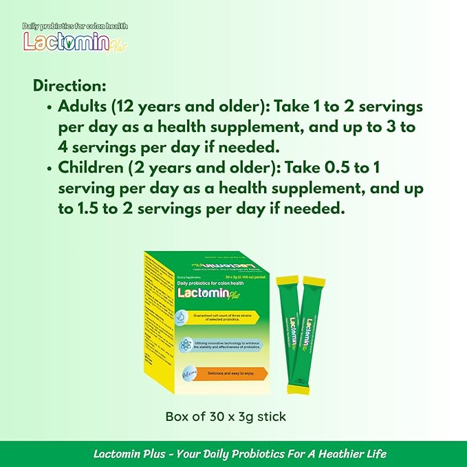 Probiotics - LactominPlus-3 Probiotics Strains - Powder - Sweet Yogurt Flavor - 30 Sticks x 3g (1month) 1.5 Billion CFU with Prebiotics(FOS) Constipation &amp Bloating Relief Microencapsulated