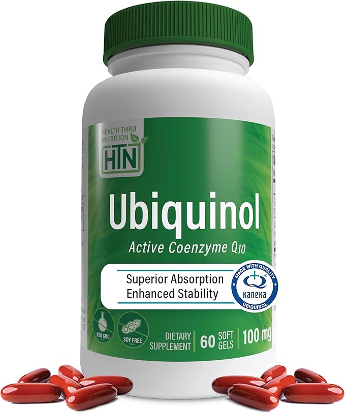 Health Thru Nutrition Ubiquinol 100mg 60 Softgels as Kaneka QH Reduced CoQ-10 | Stabilized - 3rd Party Tested | Enhanced Bioavailability | Cardiovascular &amp Mitochondria Function Support | Non-GMO