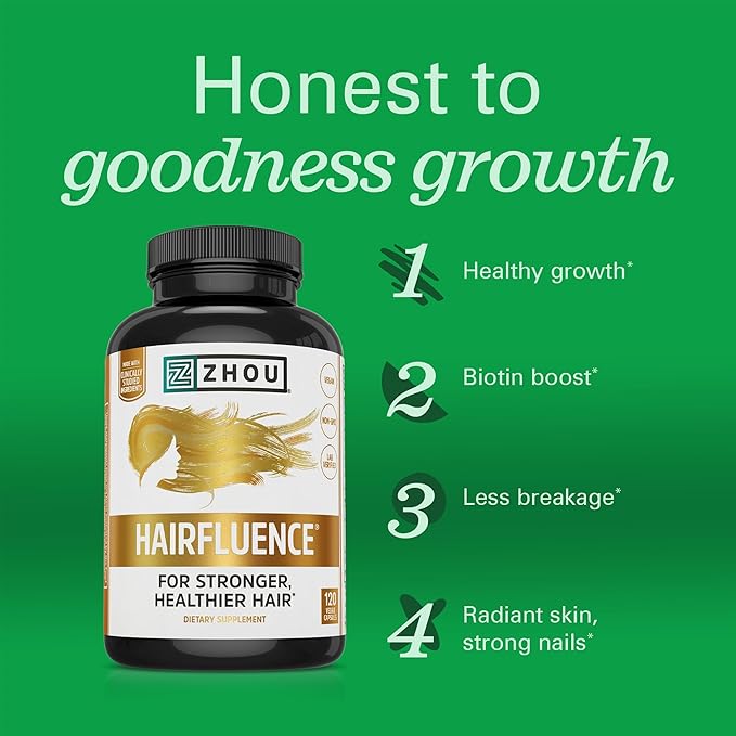 Zhou Hairfluence - Vegan Biotin Supplement for Hair Growth for Men &amp Women Supports Stronger Healthier Hair Nails &amp Glowing Skin with Lustriva &amp B Vitamin Complex - 120 Veggie Capsules