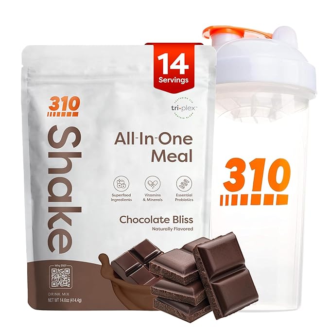 310 Nutrition Meal Replacement Shake Powder Starter Kit with Shaker Cup – Vegan Protein Fiber &amp Superfood Blend – Sugar-Free Low Carb Keto &amp Paleo Friendly – Chocolate Bliss - 14 Servings