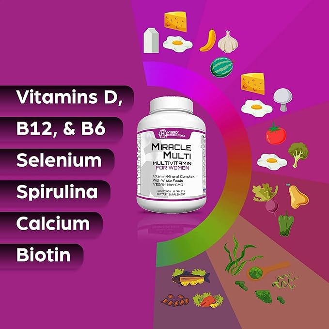Hybrid Nutraceuticals MiracleMulti Women Multivitamin with Probiotics Biotin Folic Acid Enzymes + Fruit &amp Vegetable Blend - Immune Support Heart Health Energy: 60 Servings (Non-GMO)