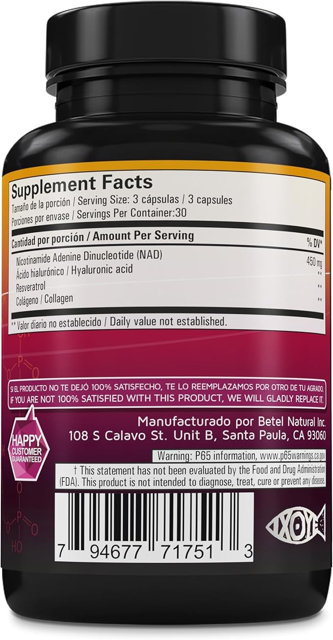 Betel Natural NAD Reforzado with Resveratrol Hyaluronic Acid Collagen 450mg 90 Vegetable Capsules