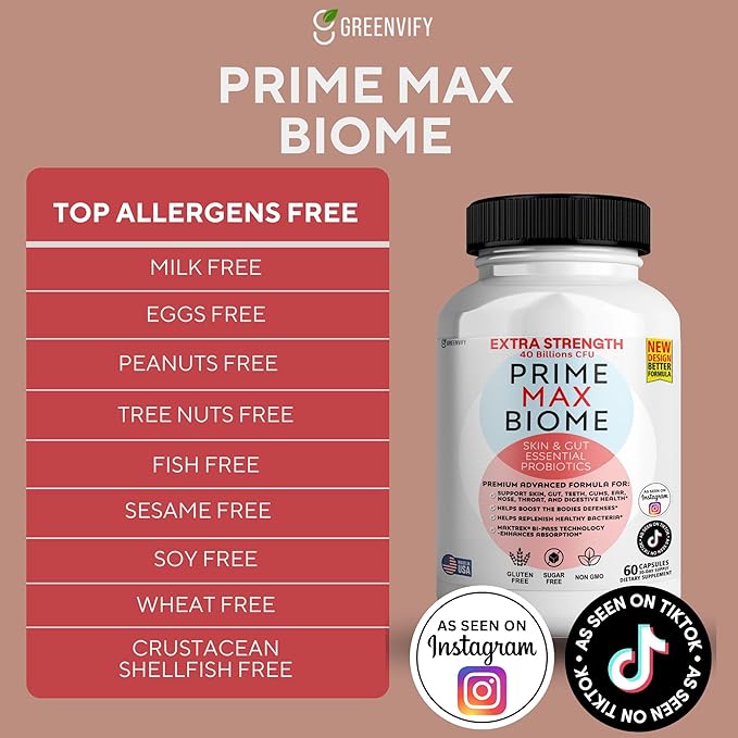 Prime Max Biome Probiotics 40 Billion CFU – Extra Strength Skin &amp Gut Support with MAKTrek® Bi-Pass Technology – 4 Strains + Prebiotics – Non-GMO Gluten-Free 60 Capsules (5)