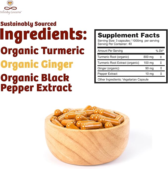 Infinity Turmeric Capsules High Potency Curcumin Supplement USDA Certified Organic Supplement with Black Pepper and Ginger Raw Vegan Gluten Free