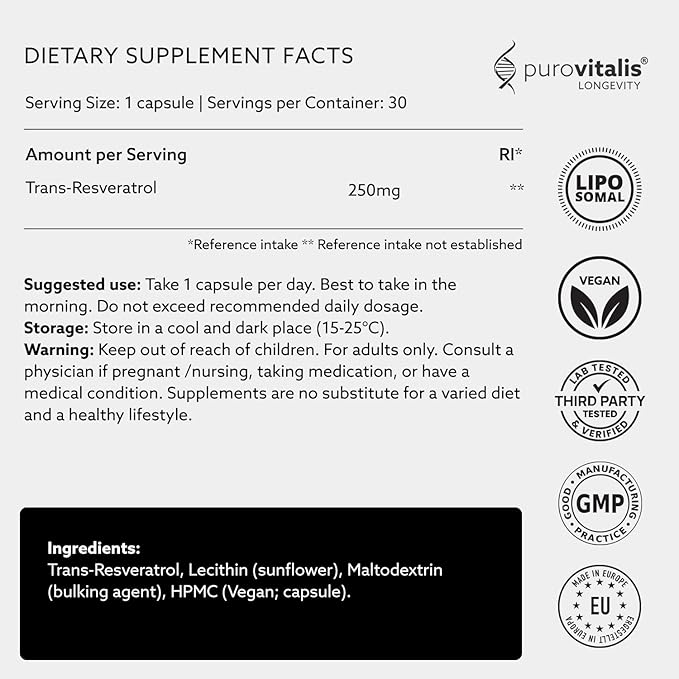 PUROVITALIS Liposomal Resveratrol 250mg 30 Servings (30 Vegan Capsules) High Purity Trans-resveratrol Antioxidant Supplement