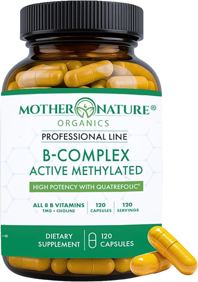 Mother Nature Organics Methylated B Complex – Bioactive B Vitamins with Methyl B12 B1 B3 Niacin B6 Folate &amp Biotin – Supports Energy Brain Heart &amp Metabolism – 120 Capsules Non-GMO Glu