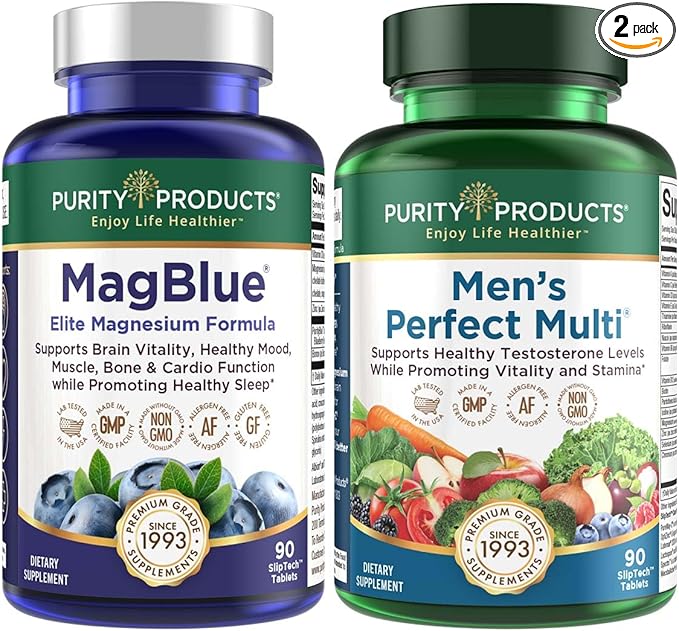 Purity Products Bundle - MagBlue + Men's Perfect Multi - MagBlue (Magnesium Bisglycinate Chelate Buffered + Vitamin D3 +More) - Men's Perfect Multivitamin - Supports Healthy Vitality Energy + More