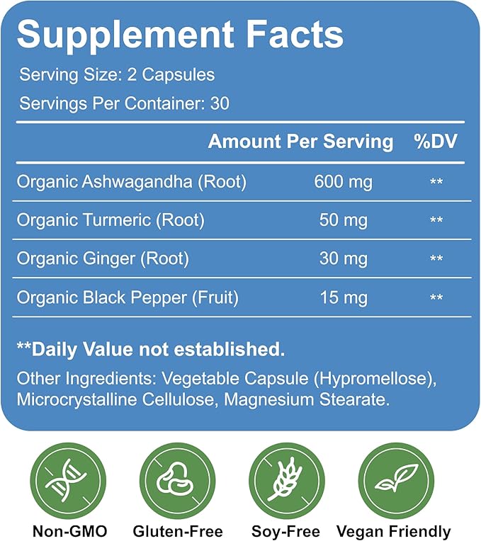 ANVERSOP Ashwagandha Root Supplement 600mg Organic Root with Turmeric Ginger &amp Black Pepper Natural Stress &amp Energy Support Non-GMO 60 Capsules