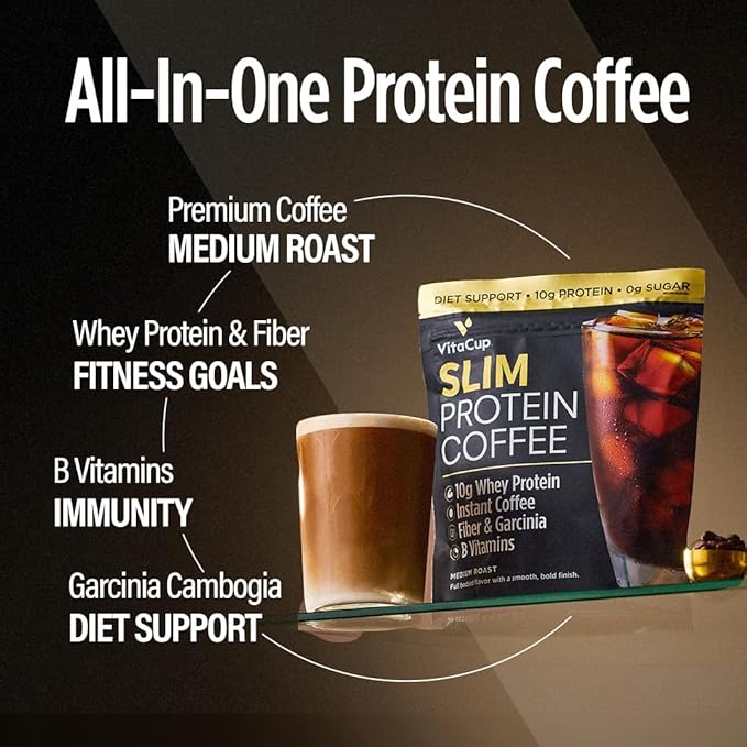 VitaCup Slim Protein Coffee Shake for Diet Support Instant Coffee w/Whey Protein Powder B Vitamins &amp Fiber Dietitian Developed for Performance &amp Taste Make as Iced or Shake 3 Bags