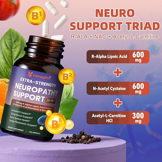 Alpha Lipoic Acid Neuropathy Supplements - with 600mg R-Alpha Lipoic Acid NAC ALC Active Vitamin B12 B1 B2 B6 Magnesium - for Nerve Heath Liver Detox Antioxidant &amp Mental Support