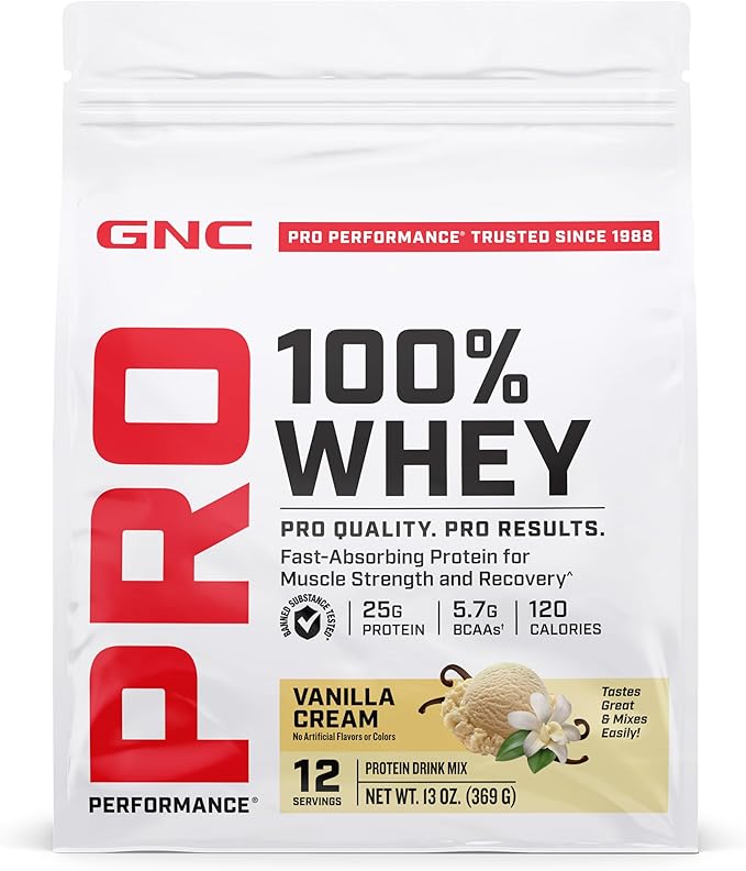 GNC Pro Performance 100% Whey Protein Powder 2.0 Fast Absorbing for Muscle Strength and Recovery Vanilla 12 Servings