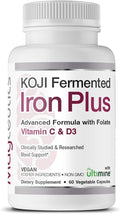 Koji Fermented Iron Plus - Iron Supplement with Vitamin C Vitamin D3 and Folate for Blood Support Easily Absorbed and Bioavailable Stomach Friendly Vegan Non-GMO - 60 Capsules