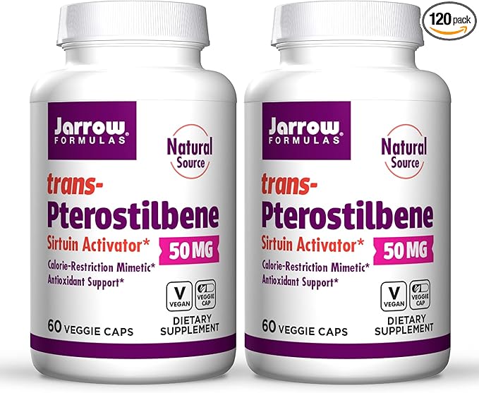 Jarrow Formulas trans-Pterostilbene 50 Milligrams Per Serving 60 Vegetarian Capsules. Pack of 2 bottles