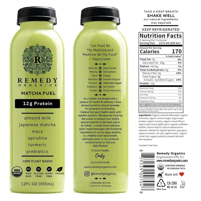 Remedy Organics Matcha Fuel 12-Pack | Plant Based 20g Protein Shakes Ready to Drink | USDA Organic Gluten Free Dairy Free Soy Free