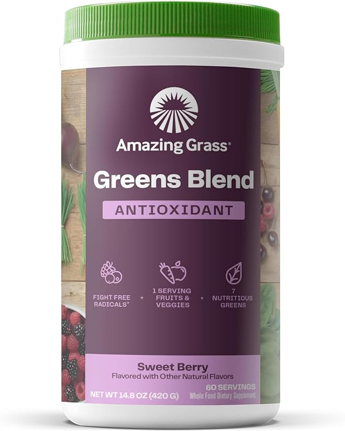 Amazing Grass Greens Superfood Antioxidant: Greens Powder with Organic Spirulina Beet Root Powder Elderberry &amp Probiotics Sweet Berry 60 Servings (Packaging May Vary)