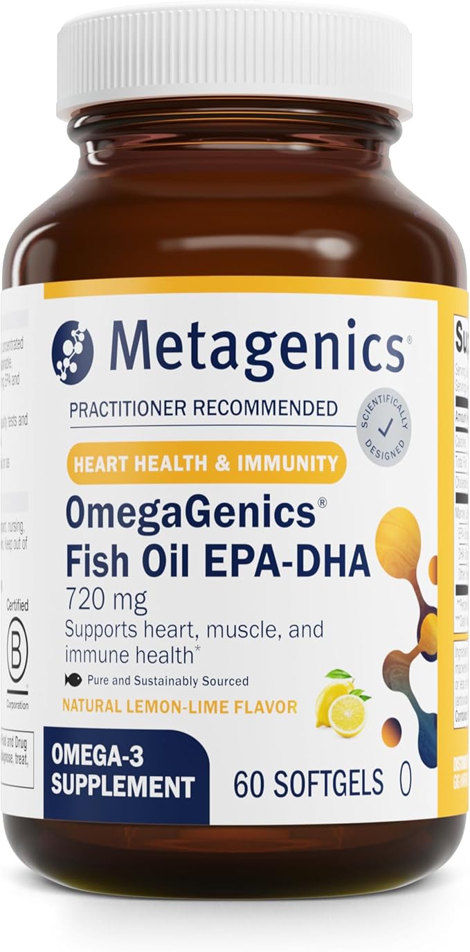 Metagenics OmegaGenics Fish Oil EPA-DHA 720 mg - High Potency Omega-3 Supplement* - Supports Heart Joint Brain &amp Immune Health* - Sustainably Sourced Purity-Tested Fish Oil - 60 Softgels