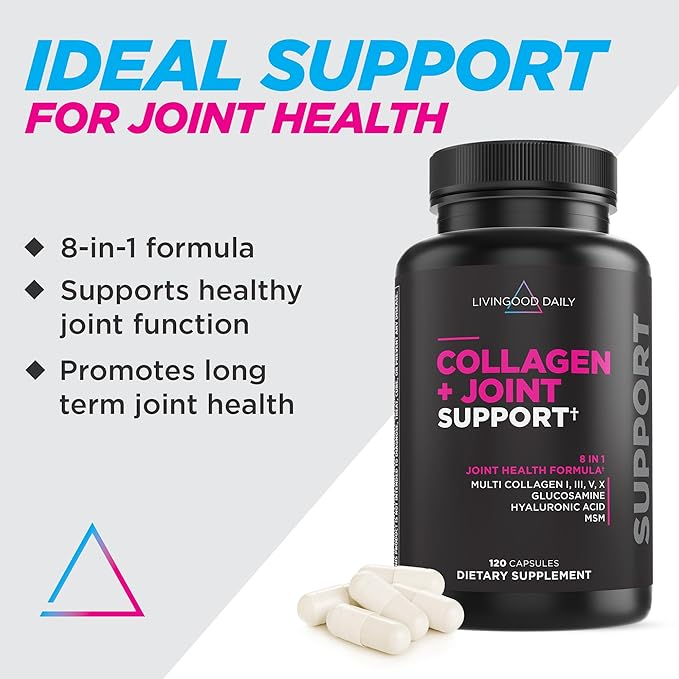 Livingood Daily Collagen + Joint Support Grass Fed Multi Collagen Peptides I III V X with Hyaluronic Acid Joint Support Supplement for Women &amp Men Hair Skin Nails Keto &amp Gluten Free 120 C