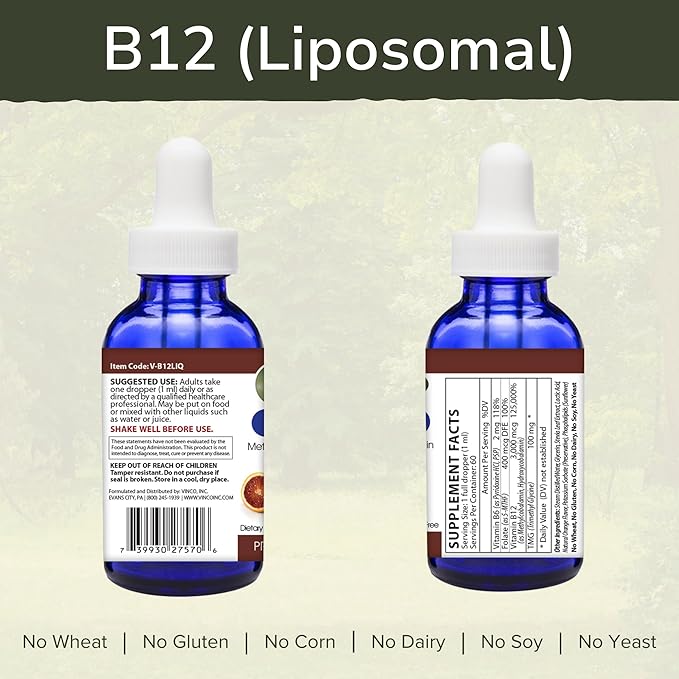 Vinco Inc – Liposomal Vitamin B12 Energy Support Daily Supplement | 60 ml (60 Servings) | Supports Energy Metabolism &amp Nervous System Health | Gluten Free &amp Vegetarian