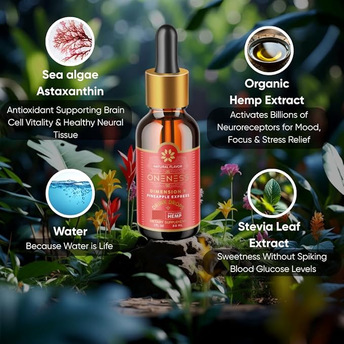 Fast-Acting Mood &amp Focus Drops | Water Soluble Astaxanthin Hemp Extract | Add to Any Drink or Mocktail | Liquid Antioxidant &amp Adaptogen | 60 Servings | Sugar-Free | Bliss + Oneness®