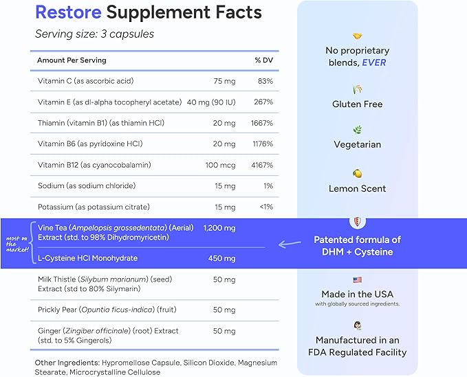 Cheers Restore | Supplement with DHM + L-Cysteine | Feel Better After Drinking &amp Support Your Liver | 36 Doses | Dihydromyricetin Cysteine Prickly Pear B-Vitamins Ginger