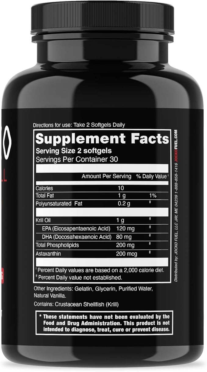 Jocko Fuel Antarctic Krill Oil Omega 3 Fatty Acid Supplements DHA &amp EPA - 1000mg Softgels - Supports Joints Mobility &amp Mental Function (60 Softgels) (Pack of 2)