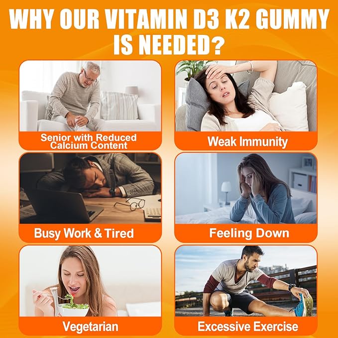 Vitamin D3 K2 Gummies for Adults - Vitamin D3 5000IU + K2 (MK-7) 120mcg - Sugar-Free D3 and K2 Supplements with Omega-3 Methyl B12 B9 B6 Vitamins E &amp Zinc - for Calcium Absorption &amp Immune