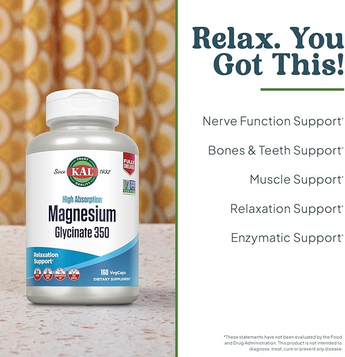 KAL Magnesium Glycinate Capsules Fully Chelated Magnesium Bisglycinate High Absorption Magnesium Supplement Healthy Bones Muscle Relaxation and Stress Support Non-GMO 160 count