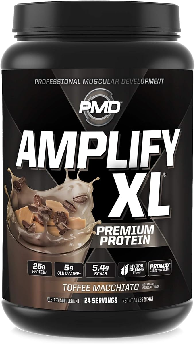 PMD Sports Amplify XL Premium Whey Protein Supplement Hydro Greens Blend - Glutamine and Whey Protein Matrix with Superfood for Muscle Strength and Recovery - Toffee Macchiato (24 Servings)