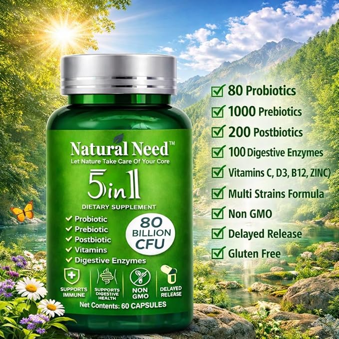 NATURAL NEED™ Gut Health – 5-in-1 Formula with Probiotics Prebiotics Postbiotics Enzymes &amp Vitamins (CD3B12Zinc) – Delayed Release Capsule – Supports Overall Digestion Immunity &amp Gut –