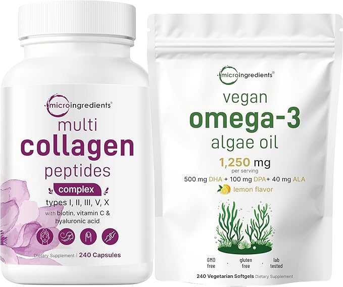 Micro Ingredients Multi Collagen Complex &amp Vegan Omega 3 Algae Oil Supplement Bundle 2 Pack | Grass-Fed Collagen Peptides | Omega-3 Full Spectrum Alternative to Fish Oil