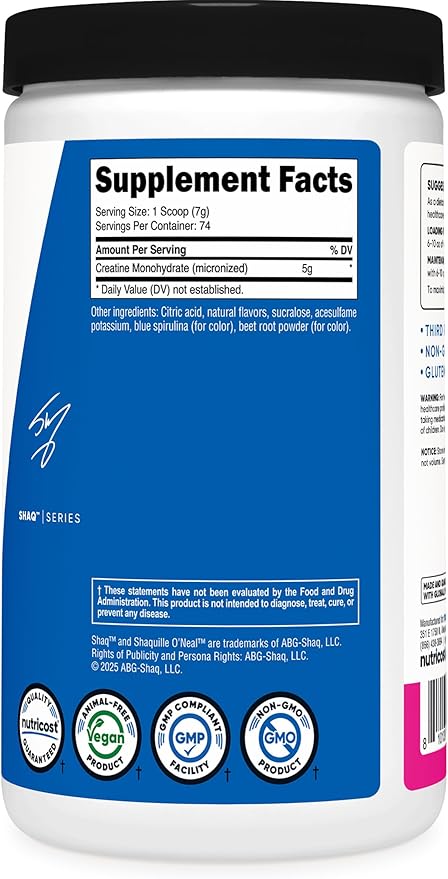 Nutricost Creatine Monohydrate Powder (Shaq's Berry Blast 500 Gram) - Micronized Creatine Supplement Vegan GMO-Free Gluten-Free 74 Servings
