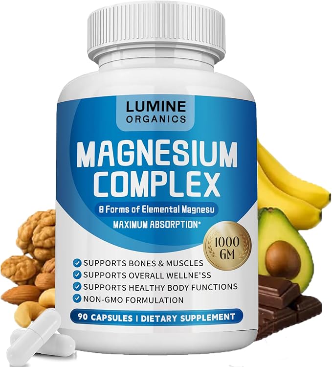 1PCSLumine Organics Magnesium Complex Supplement 1000mg - Advanced 8-in-1 Magnesium Blend - Glycinate Citrate Malate Taurate etc.– High Absorption Formula – Non-GMO 90 Capsules (1)