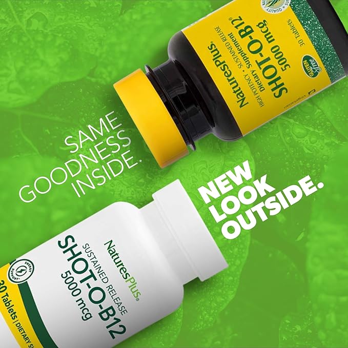 NaturesPlus Shot-O-B12 5000 mcg - 30 Sustained Release Tablets - Supports Energy Production - Vegetarian Gluten Free - 30 Servings