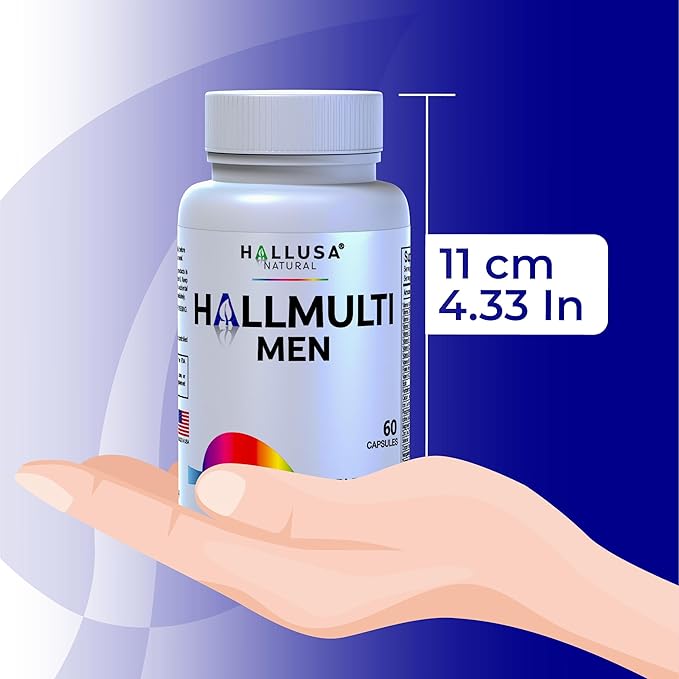 Hallusa Natural HallMulvit Men - Multivitamin for Men Heart Muscle &amp Immune Support + Biotin Iron Vitamin B12 Vitamin C Vitamin E Folate Calcium Magnesium Zinc &amp More - 60 Capsules