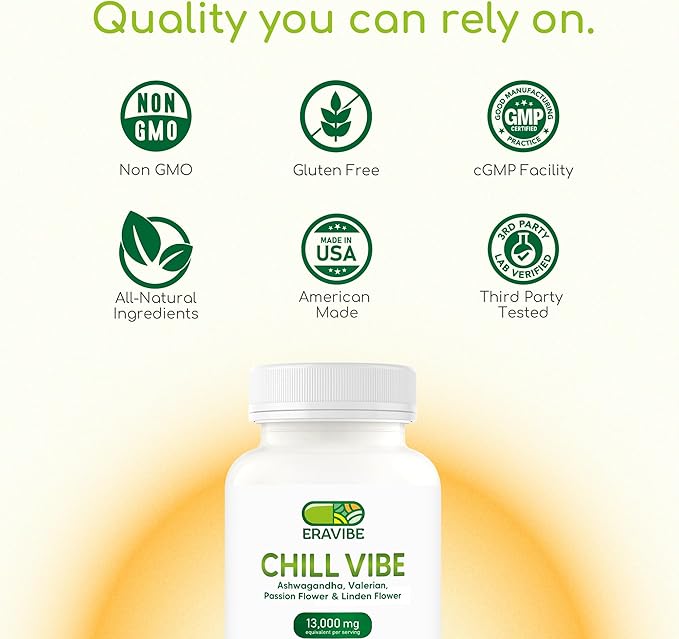 Chill Vibe Herbal Blend with Ashwagandha Valerian Passionflower Linden Flower &amp Vitamin B6 Supports Calm &amp Relaxation 120 Veggie Capsules Non-GMO Gluten-Free