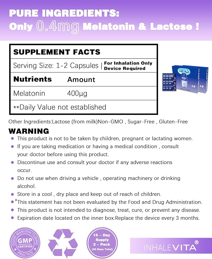 Melatonin Inhaler Sleep Aid Capsules 30 Count（Device Required）| Fast-Acting with Advanced Absorption| 0.4mg Low Dose Zero-Sugar| Wake Refreshed PortableNon-Habit Forming