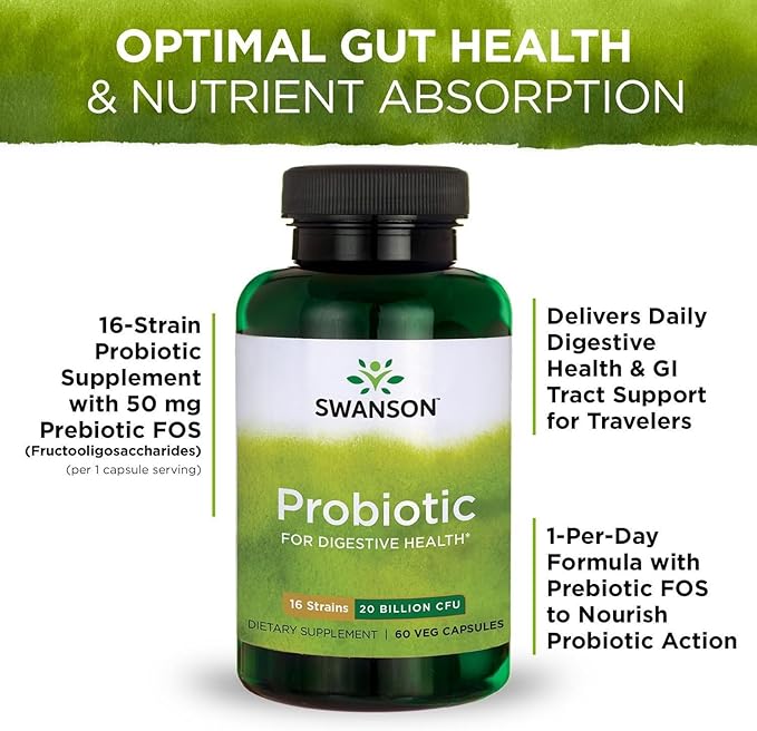 Swanson Probiotic for Digestive Health GI Tract Immune Support Travelers Support 20 Billion CFU with Prebiotic FOS 60 Veggie Capsules (Caps)