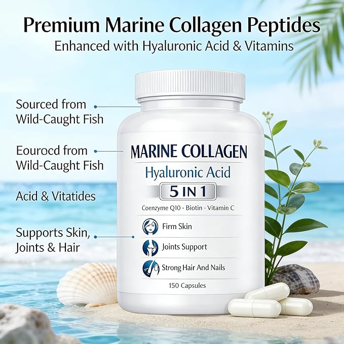 Colágeno Marino + Ácido hialurónico 5 in 1 Premium Formula 150 Capsules for Skin Hair Nails Health Hydrolyzed Collagen Type I with CoQ10 Biotin Vitamin C