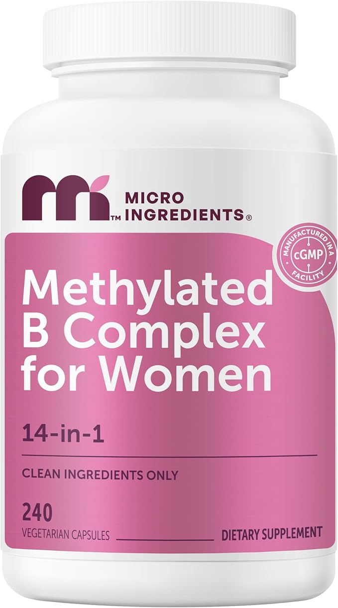 Micro Ingredients Methylated B Complex for Women 240 Vegetarian Capsules | Activated B Vitamins with Methylfolate Methyl B12 DIM &amp Inositol Complex | 14-in-1 Bioactive B Vitamin Formula